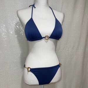 Victoria’s Secret Small S Toggle Push Up Triangle Bikini Navy Blue Gold